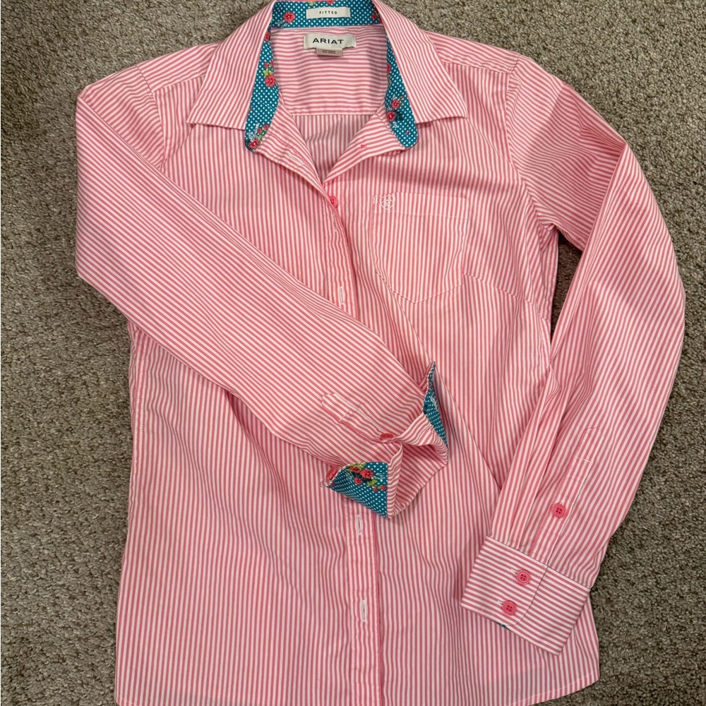 Ariat Pink and White Striped Shirt women’s small
